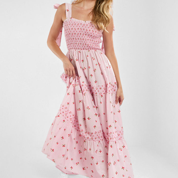 Damen Maxikleid mit romantischem Smocking-Oberteil und floralem Design Drune
