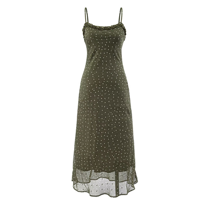 Damen Maxikleid mit zarten Spaghettiträgern und Punktmuster Drune