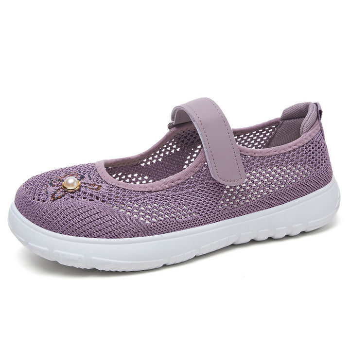 Damen nan gestrickter Mary-Jane-Sneaker mit Klettriemen, atmungsaktivem Strickoberteil, dekorativer Perlenapplikation und dämpfender EVA-Sohle Drune