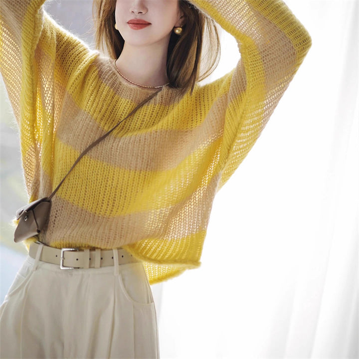Damen lässiger grobstrick Pullover mit transparentem Muster Drune