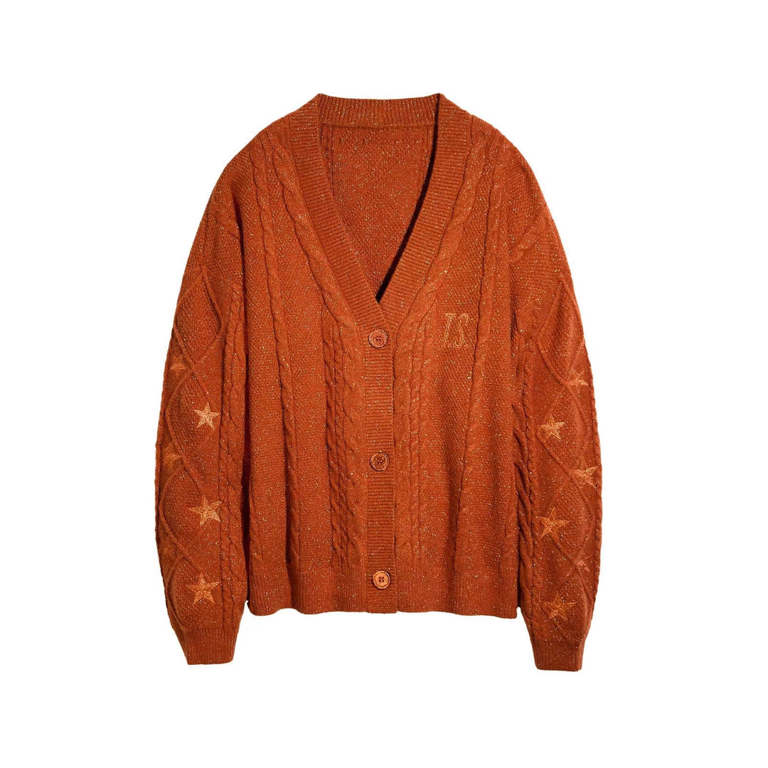 Damen nan großzügiger Grobstrick-Cardigan mit Zopfmuster, V-Ausschnitt und Sternstickereien Drune