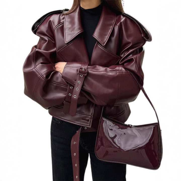 Damen Oversize Kunstlederjacke mit markantem Kragen und strukturiertem Design Drune
