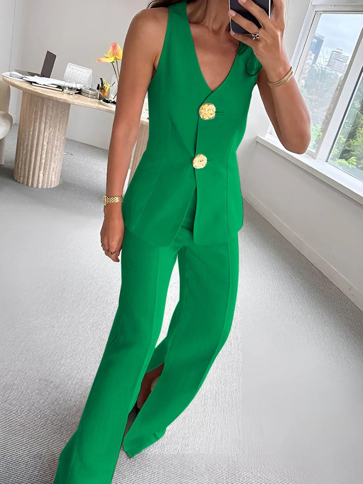 Damen elegantes Jumpsuit mit vordere Knopfleiste und weitem Bein Drune