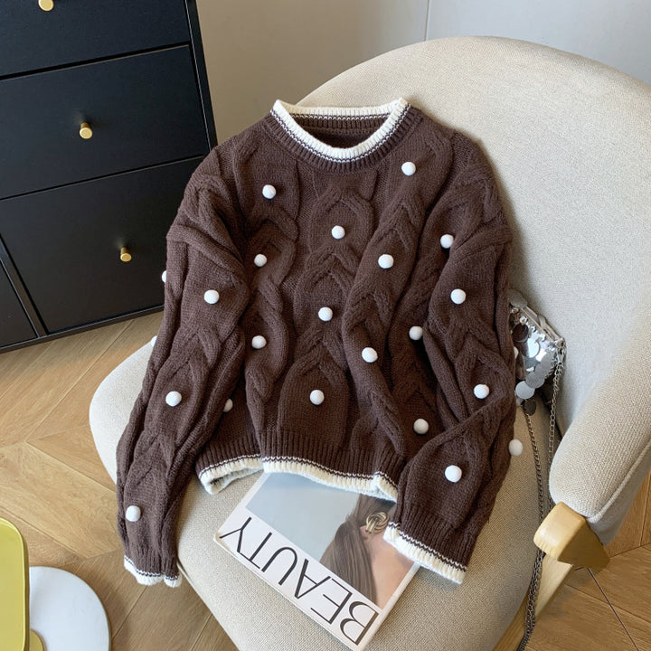 Damen Strickpullover mit doppelter Zopftextur und dekorativen Pompons Drune