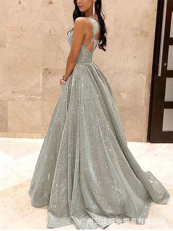 Drune | Damen Spaghettiträger V-Ausschnitt A-Linie Glitzer Maxikleid