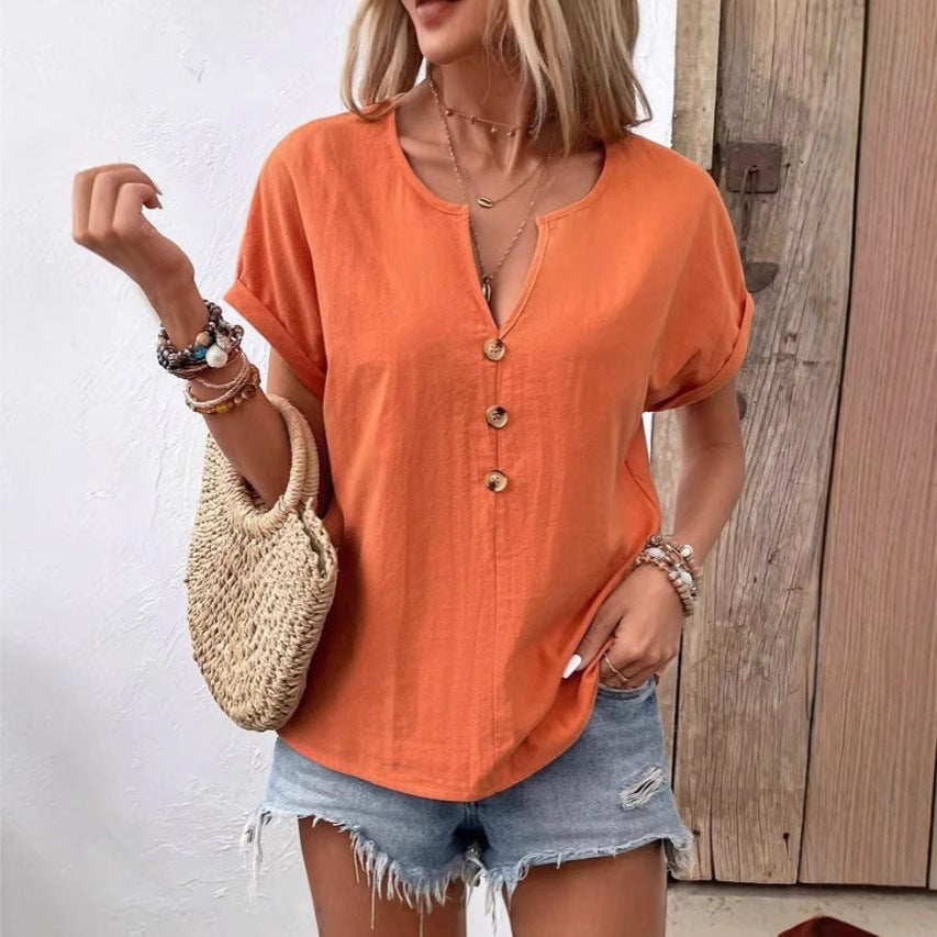 Damen Kurzarm Bluse mit Knopfleiste und lässigem Schnitt Drune