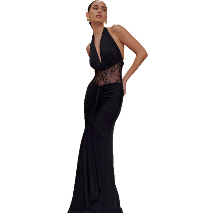 Damen Elegantes Maxikleid mit raffiniertem Spitzenbesatz und Drapierungen Drune
