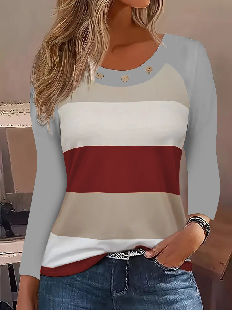 Damen Lässiges Baumwollshirt mit modischen Streifen und dekorativen Knöpfen Drune