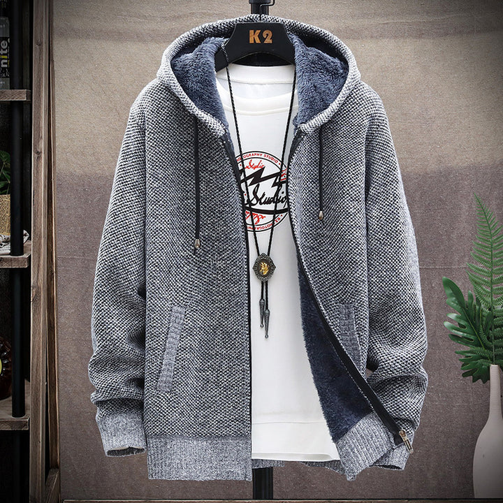 Herren nan gefütterte Strick-Kapuzensweatjacke mit Teddyfutter, durchgehendem Reißverschluss und Kängurutaschen Drune