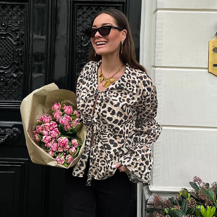 Damen Modische Bluse mit Leopardenmuster und Rüschenärmeln Drune