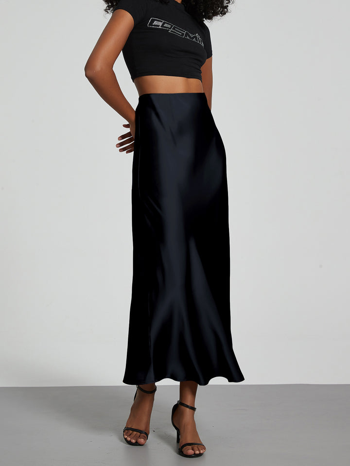 Damen Stilvolle Satin-Stretchrock mit hohem Bund und fließendem Schnitt Drune