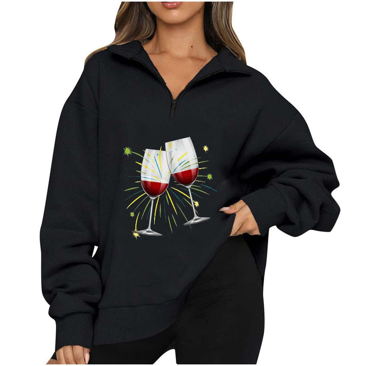 Damen Oversized Pullover mit Reißverschluss und fröhlichem Party-Motiv Drune