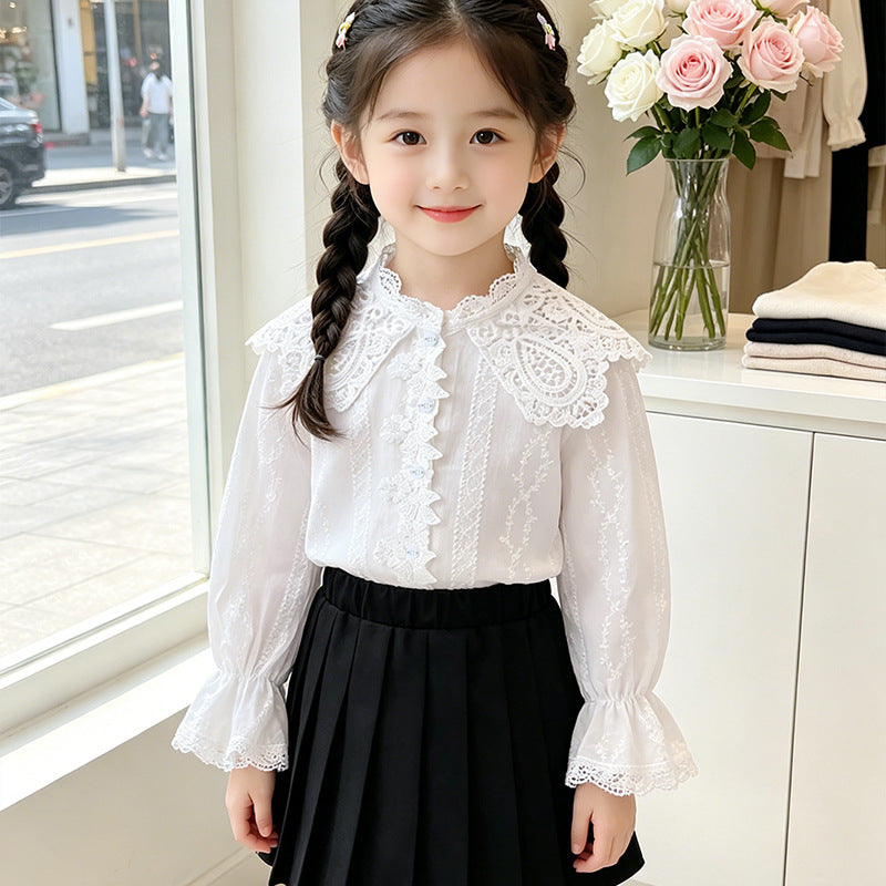 Mädchen elegante Bluse mit Rüschenkragen und Spitzenakzenten Drune