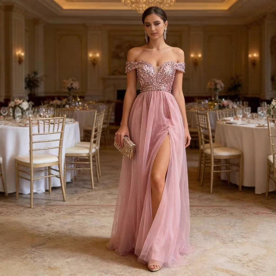 Damen Elegantes Abendkleid mit schulterfreiem Design und funkelnden Applikationen Drune
