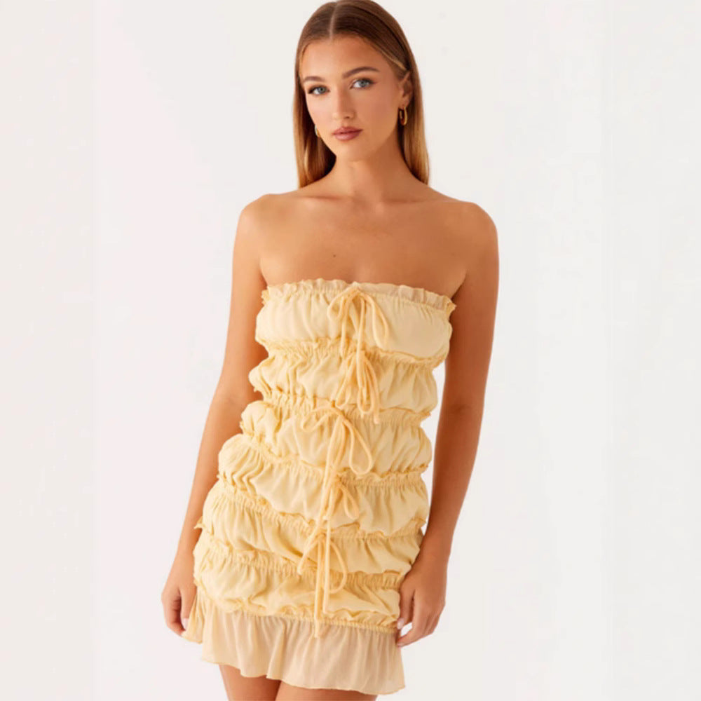 Damen Kurzkleid mit raffinierten Rüschen und verstellbarem Kordelzug Drune