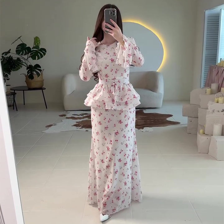 Damen Maxikleid mit voluminösem Peplum und floralen Akzenten Drune