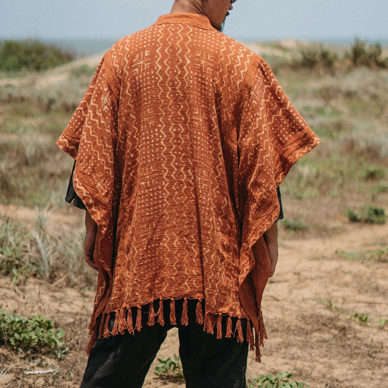 Herren lässiger Poncho mit einzigartigem Mustermix und Fransen Drune