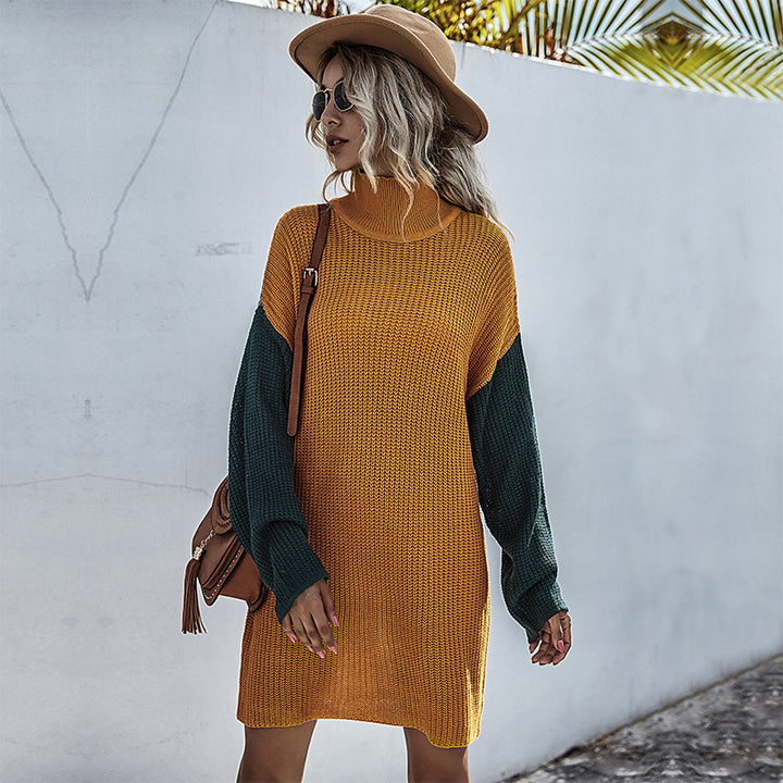 Damen Strickkleid mit hohem Kragen und kontrastierenden Ärmeln Drune