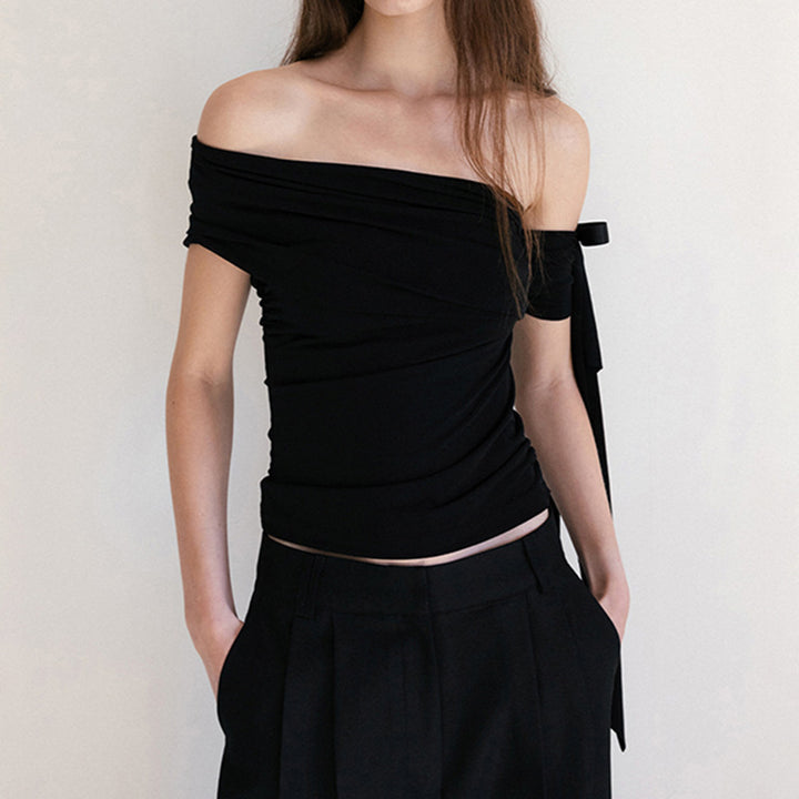 Damen Off-Shoulder Oberteil mit Rüschendetails und transparentem Ärmel Drune