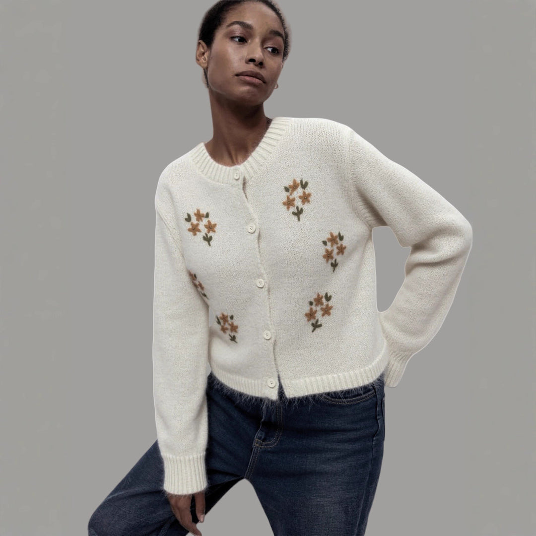 Damen gestrickter Cardigan mit floralen Stickereien Drune