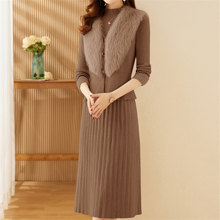 Damen elegantes Strickset mit hochwertigem Fellkragen und modischer Rippstruktur Drune