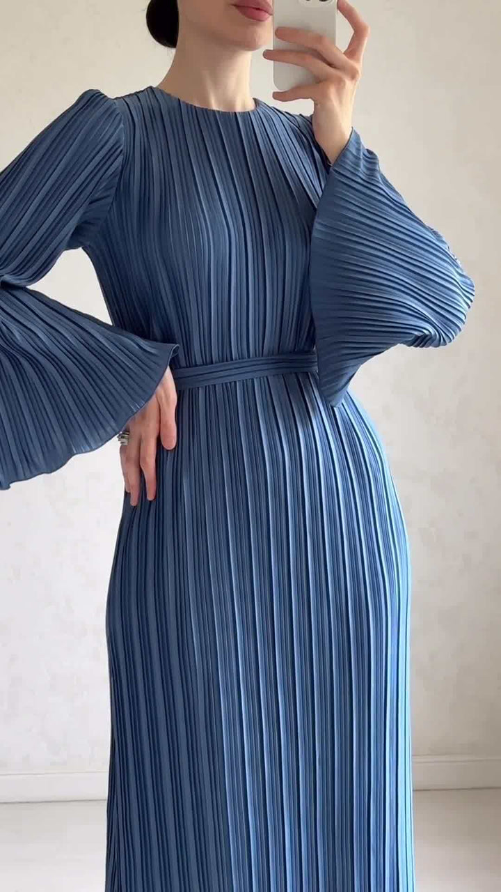 Damen Plissiertes Maxikleid mit voluminösen Ärmeln Drune
