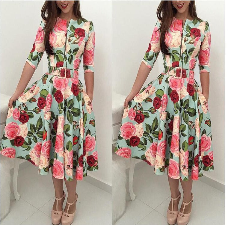 Damen Midikleid mit floralem Druck und Taillengürtel Drune
