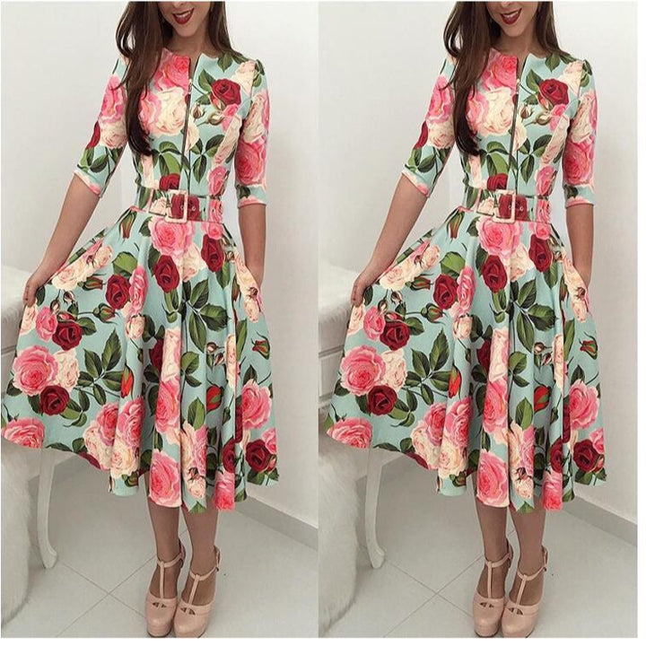 Damen Midikleid mit floralem Druck und Taillengürtel Drune