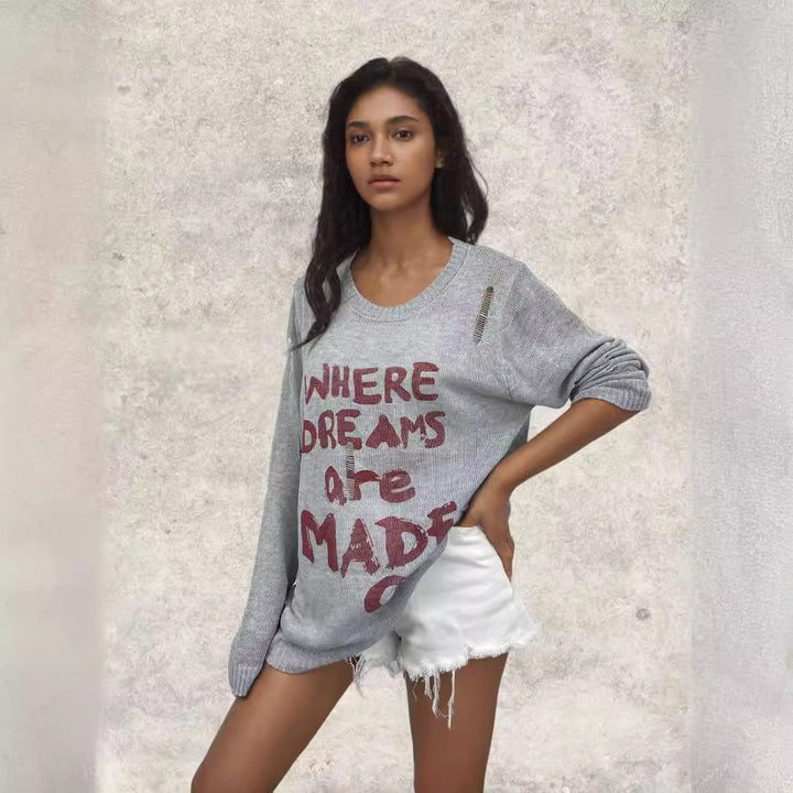 Damen lässiger Oversized Pullover mit auffälligem Schriftzug und Strick-Details Drune