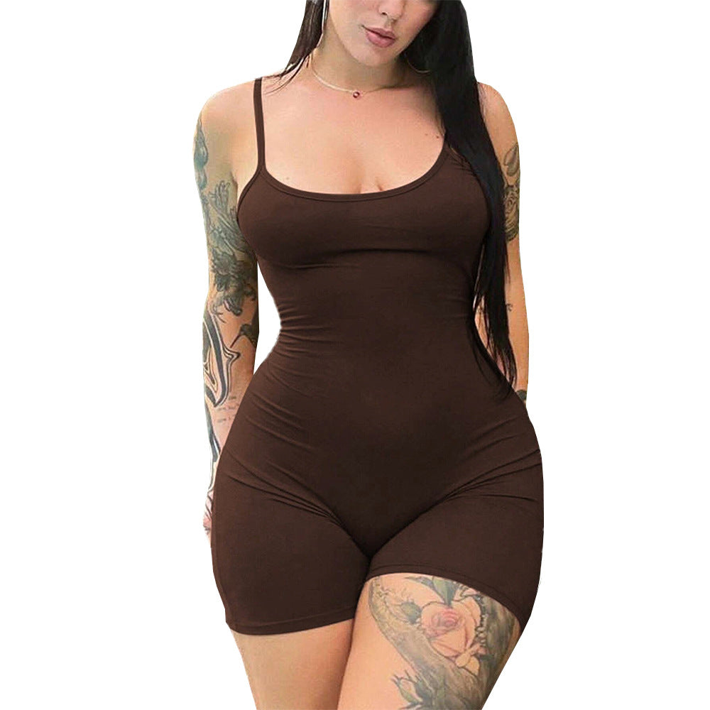 Damen Bodycon Jumpsuit mit tiefem Ausschnitt und Spaghettiträgern Drune
