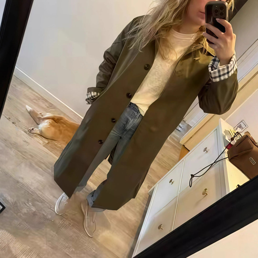 Damen Elegante Trenchcoat mit karierter Innenausstattung und weitgehendem Schnitt Drune