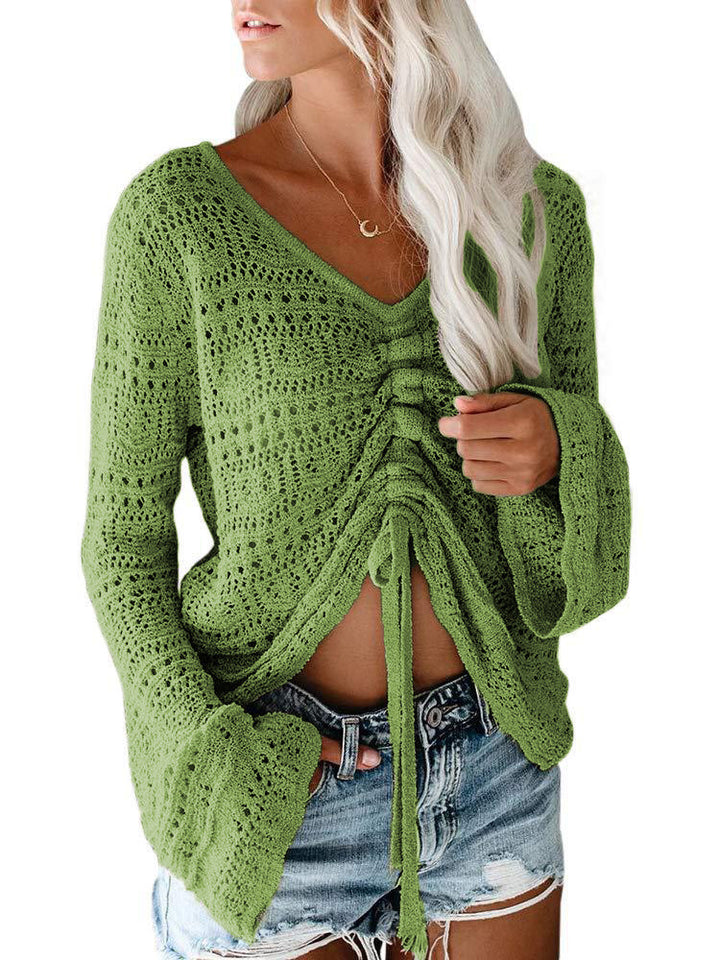 Damen angesagter V-Ausschnitt Pullover mit Raffung Drune