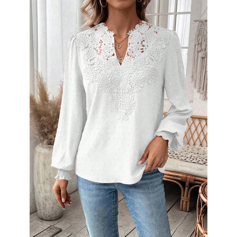 Damen Bluse mit gesticktem V-Ausschnitt und langen Ärmeln Drune