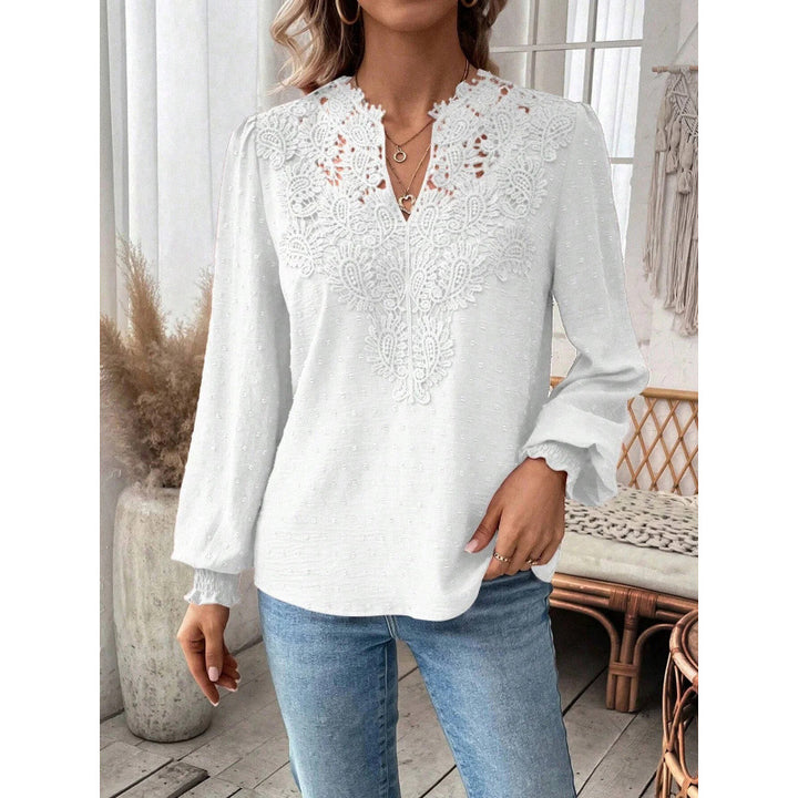 Damen Bluse mit gesticktem V-Ausschnitt und langen Ärmeln Drune