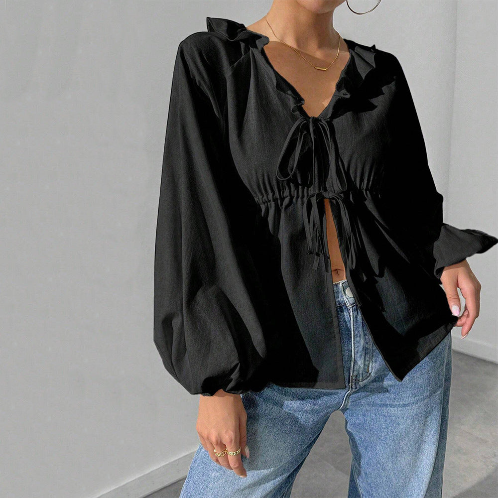 Damen blusenförmige Shirtjacke mit voluminösen Ärmeln und Rüschendetails Drune
