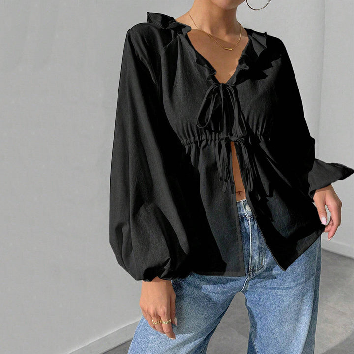 Damen blusenförmige Shirtjacke mit voluminösen Ärmeln und Rüschendetails Drune
