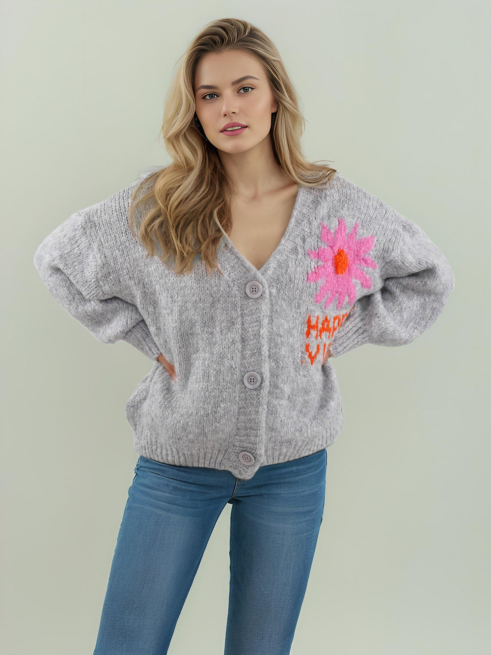 Damen verspielte Strickjacke mit buntem Blumenmotiv und großen Knöpfen Drune