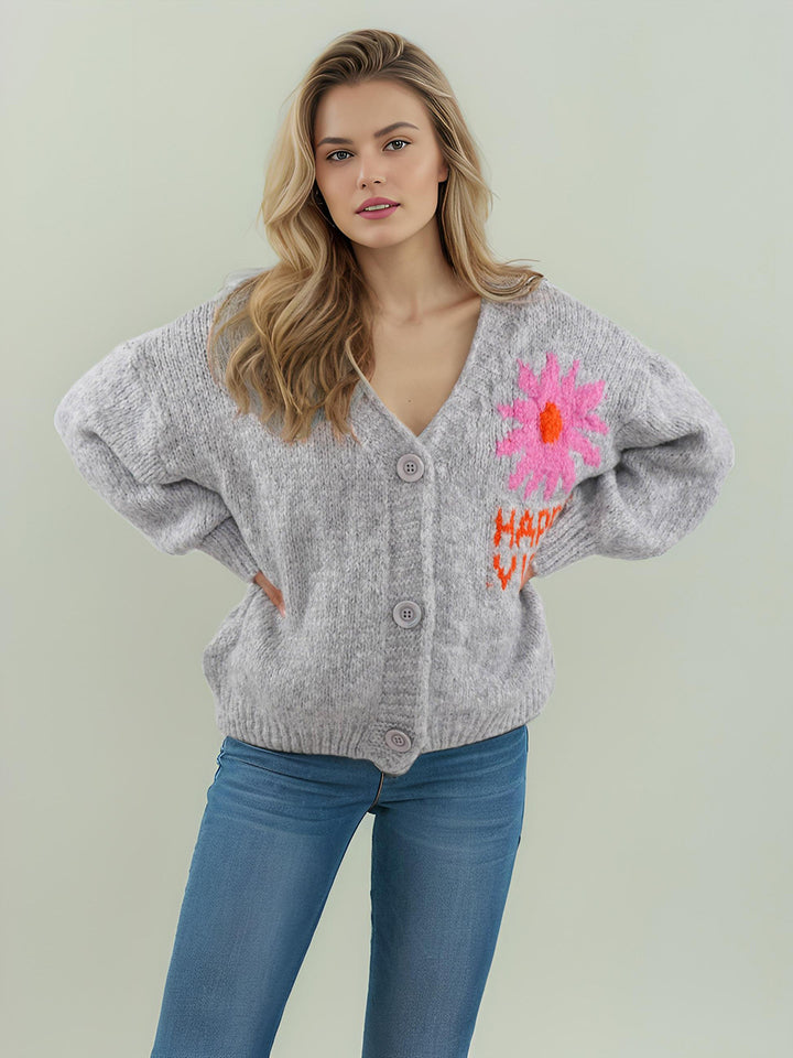 Damen verspielte Strickjacke mit buntem Blumenmotiv und großen Knöpfen Drune