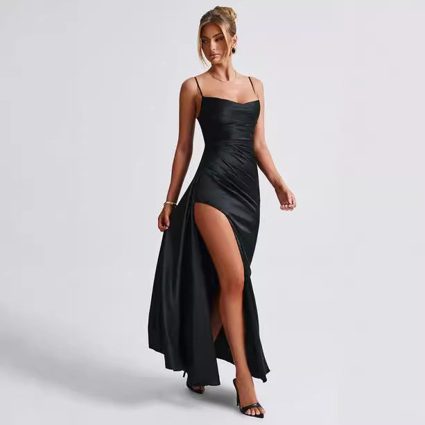 Damen Elegantes Hochgeschlossenes Maxikleid mit seitlichem Schlitz und feinen Spaghettiträgern Drune