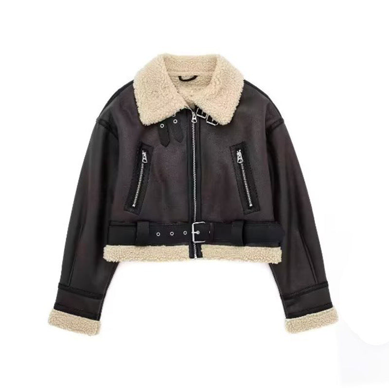 Damen modische Lederjacke mit Innenfutter und Gürtel Drune