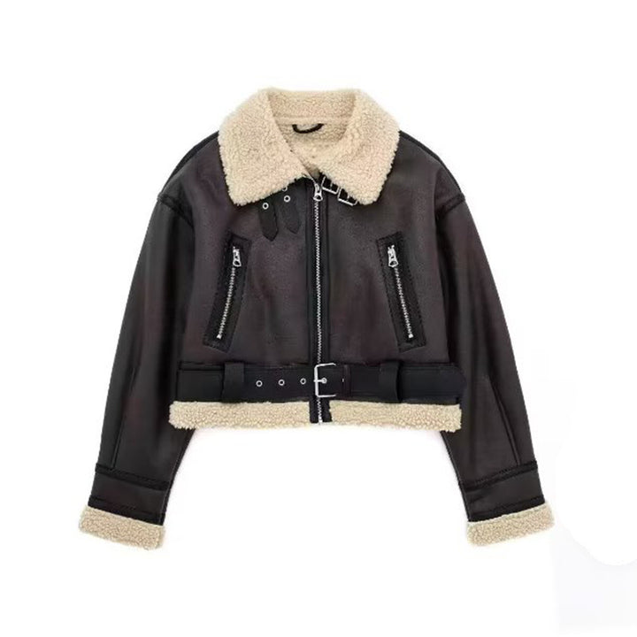 Damen modische Lederjacke mit Innenfutter und Gürtel Drune