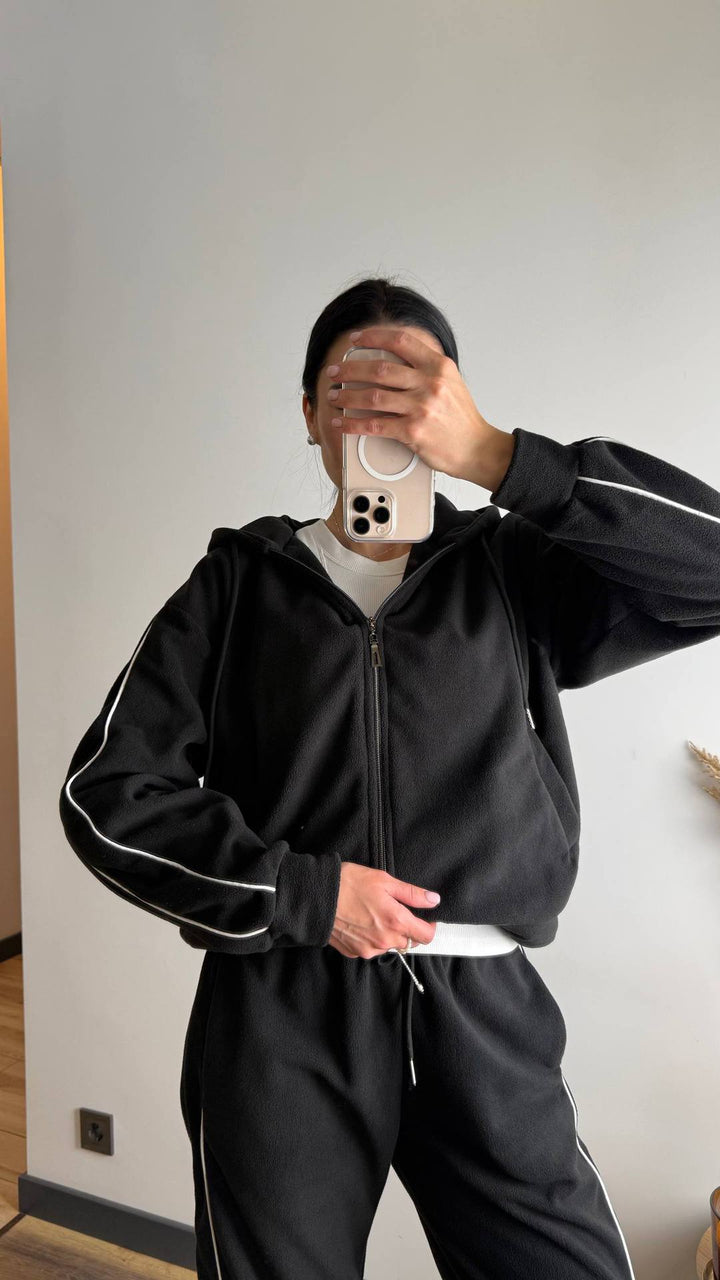 Damen modischer Fleece-Jogginganzug mit Reißverschluss und seitlichen Streifen Drune