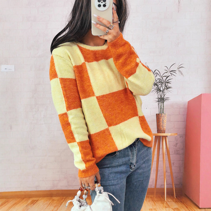 Damen lässiger Pullover mit modernen Karomuster Drune