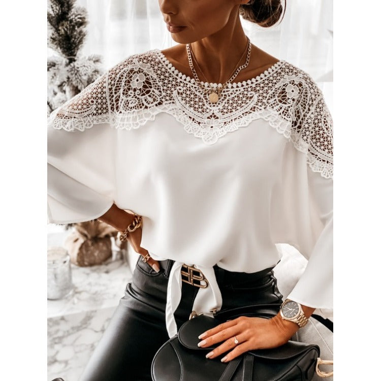 Damen nan elegante Spitzenbluse mit Bindeschleife und überschnittenen Ärmeln Drune