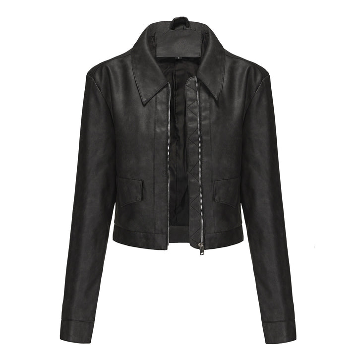 Damen modische cropped Kunstlederjacke mit klassischem Wellenkragen Drune
