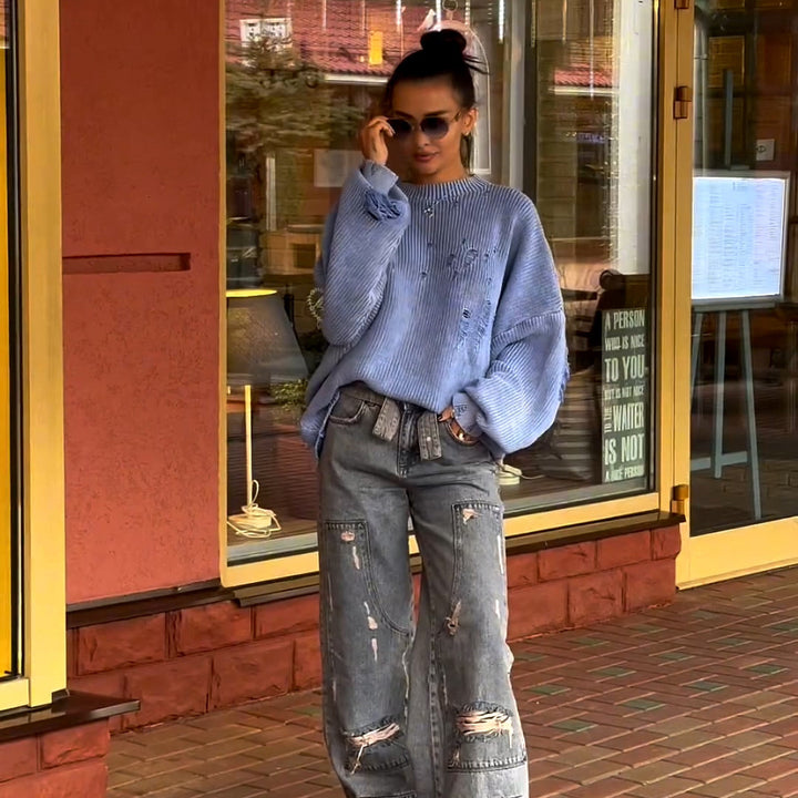Damen lässiger Pullover mit modischem Rissdesign und voluminösen Ärmeln Drune