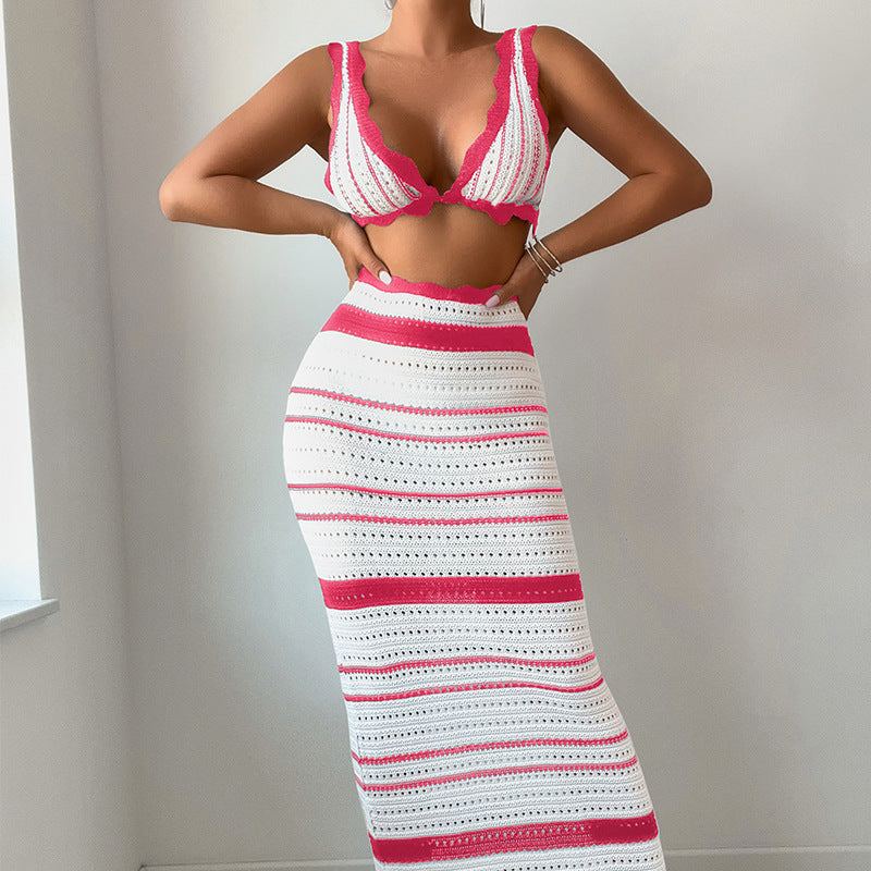 Damen Häkel-Crop-Top und Maxirock Set Drune