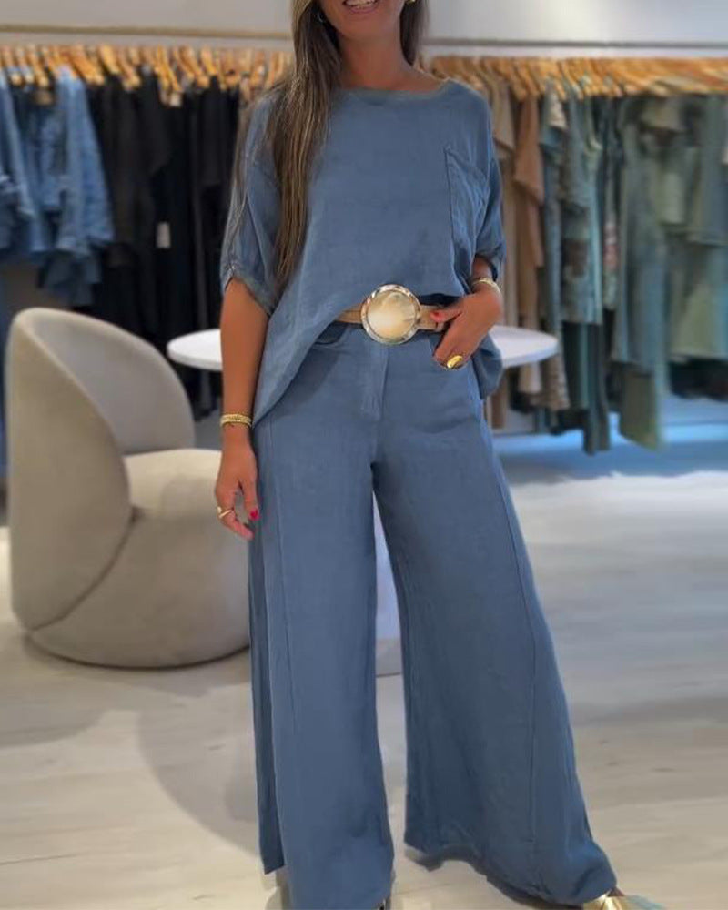 Damen nan Leinenmix-Zweiteiler mit kastigem Oversize-Shirt, Brusttasche und weiter Palazzohose Drune