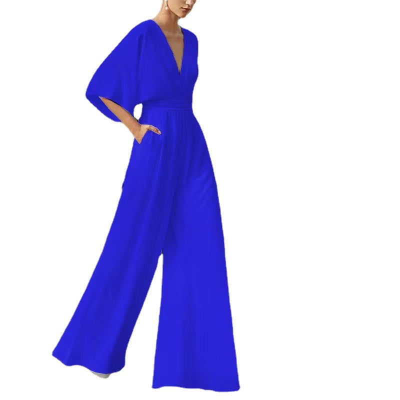 Damen Jumpsuit mit tiefem V-Ausschnitt und weit geschnittenen Beinen Drune