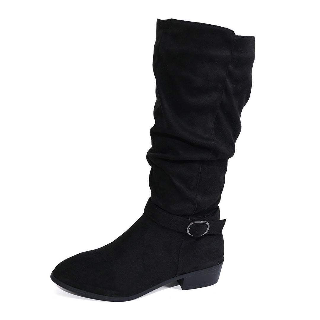 Damen kniehoher Slouch-Stiefel aus weichem Microvelours mit Ziergurt und niedrigem Blockabsatz Drune